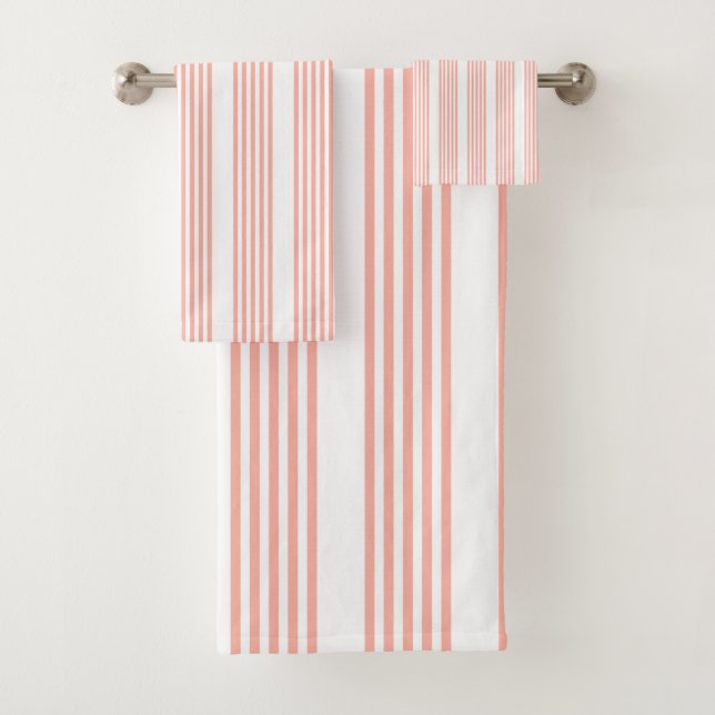 Coral and white five stripe pattern bath towel set (Insitu)