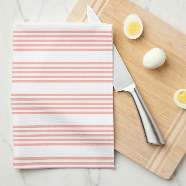 Coral and white five stripe pattern kitchen towel (Quarter Fold)
