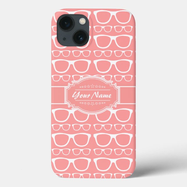 Coral and White Geek Glasses Personalized Name Case-Mate iPhone Case (Back)