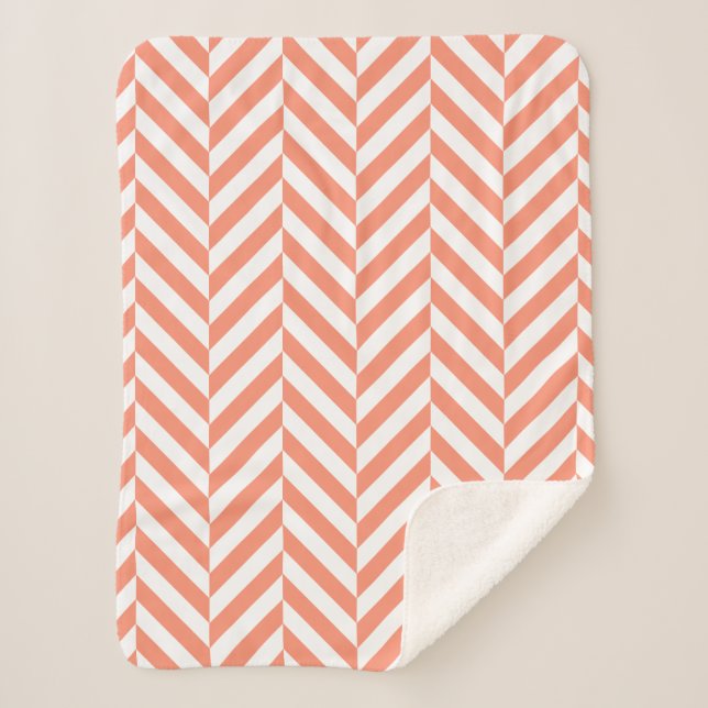 Coral and White Geometric Herringbone Pattern Sherpa Blanket (Front)
