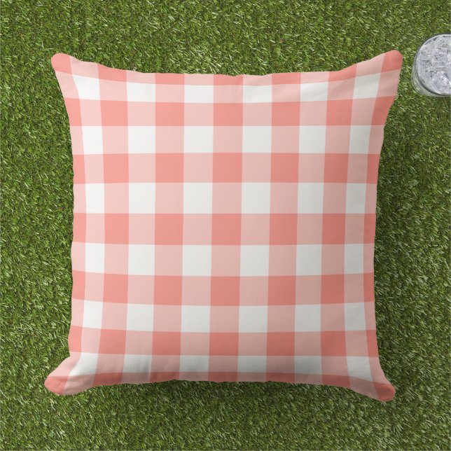 Coral and White Gingham Plaid Pattern Outdoor Pillow (Grass)