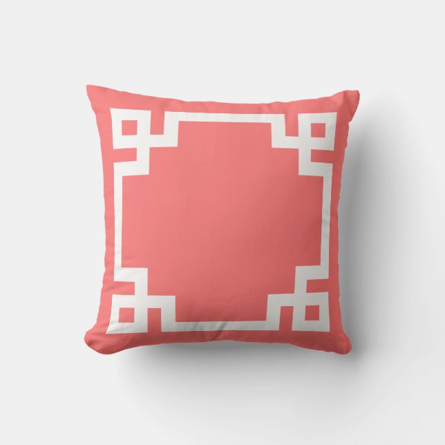 Coral and White Greek Key Border Throw Pillow (Front)