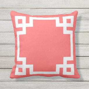 Coral and White Greek Key Border Throw Pillow