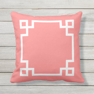 Coral and White Greek Key Throw Pillow