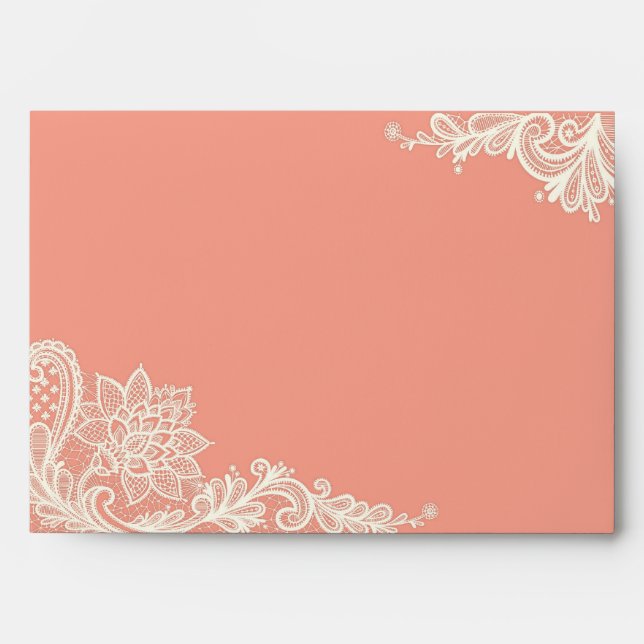 Coral and White Lace Wedding Envelopes (Front)