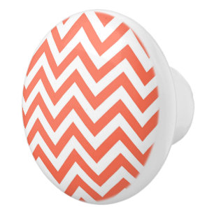 Coral and White Large Chevron ZigZag Pattern Ceramic Knob