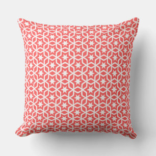 Coral and White Lattice Star Pattern Throw Pillow