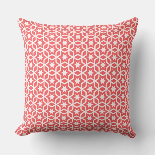 Coral and White Lattice Star Pattern   Throw Pillow (Front)