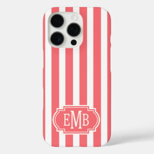 Coral and White Monogrammed Stripes iPhone 16 Pro Case