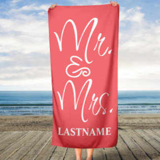 Coral and White Mr. and Mrs. Monogram Beach Towel