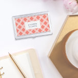 Coral and White Octagon Link Lattice Pattern Business Card Holder<br><div class="desc">Carry your business cards in chic, classic style with our personalized card case. Preppy design features a geometric octagonal link lattice pattern in white on sunny coral peach. Add a name, monogram or company name in matching navy blue lettering for a polished, professional look. Designer tip: to maintain the unique...</div>