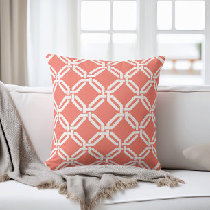 Coral and White Octagon Link Pattern Throw Pillow
