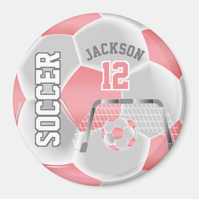 Coral and White Personalize Soccer Ball Magnet (Front)