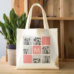 Coral and White Photo Collage Custom Monogram Tote Bag<br><div class="desc">You can use Instagram photos for this design. Use 6 square photos to create a unique and personal gift. Or you can keep the hipster puppy and make a trendy keepsake. If you need to adjust the pictures,  click on the customize tool to make changes.</div>
