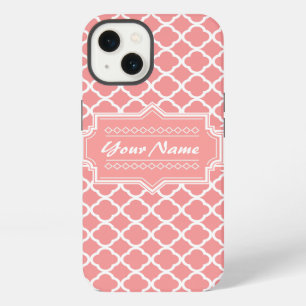 Coral and White Quatrefoil Lattice Personalized iPhone 13 Case