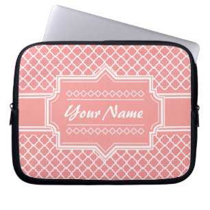 Coral and White Quatrefoil Lattice Personalized Laptop Sleeve