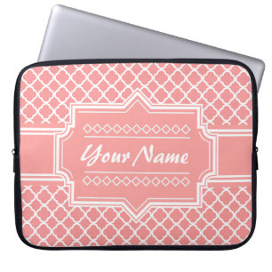 Coral and White Quatrefoil Lattice Personalized Laptop Sleeve