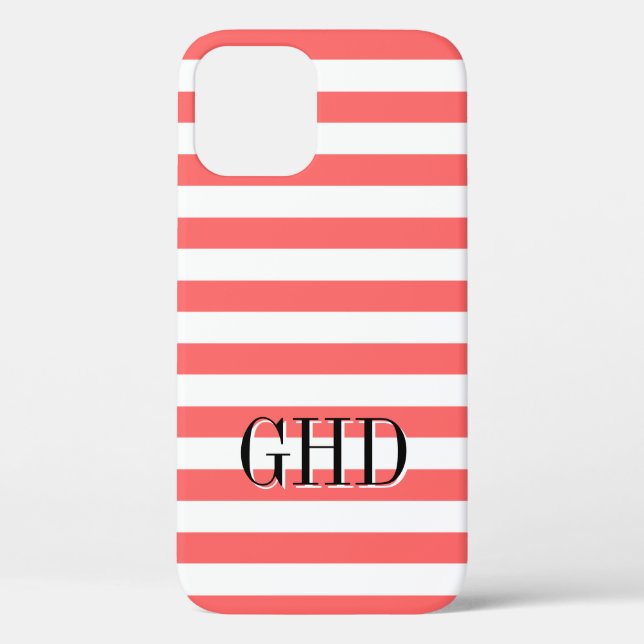 Coral and white striped monogram iPhone 12 case (Back)