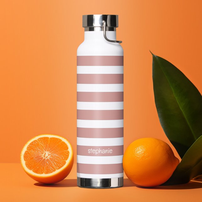 Coral and White Striped Pattern Custom Name Water Bottle (Personalized water bottle with custom text - stripes)