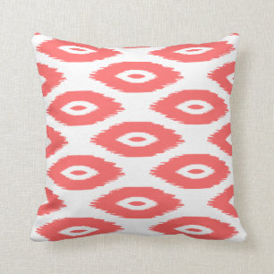 Coral and White Tribal Ikat Dots Throw Pillow