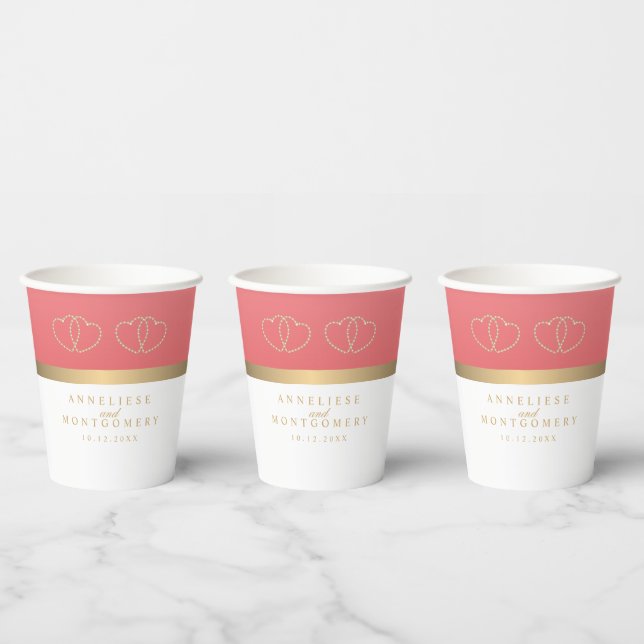Coral and White with Gold Hearts Paper Cups (Multi)