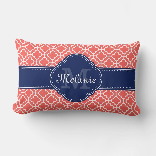 Coral and Wht Moroccan Pattern Navy Monogram Lumbar Pillow (Front)