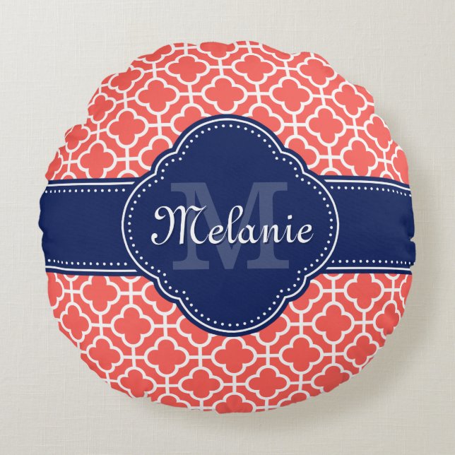 Coral and Wht Moroccan Pattern Navy Monogram Round Pillow (Front)