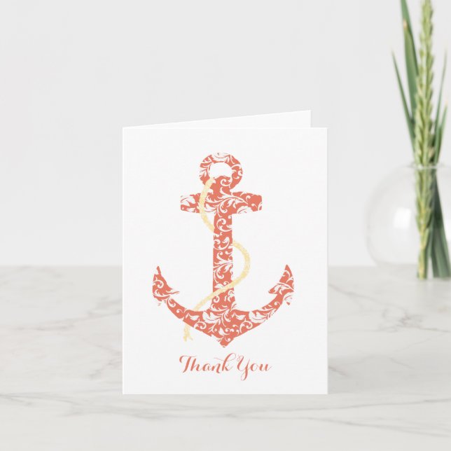 Coral and Yellow Anchor Beach Wedding Thank You (Front)
