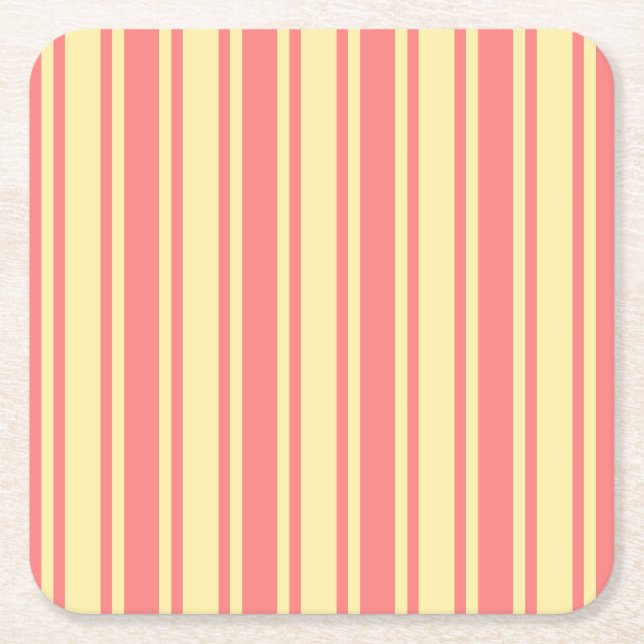 Coral and yellow candy stripes square paper coaster (Front)