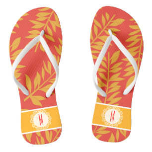 Coral and Yellow Tropical Cabana with Monogram Flip Flops