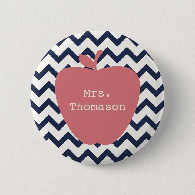 Coral Apple & Navy Chevron Teacher 2 Inch Round Button (Front)