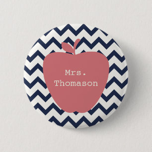 Coral Apple & Navy Chevron Teacher 2 Inch Round Button
