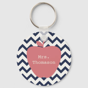Coral Apple & Navy Chevron Teacher Keychain