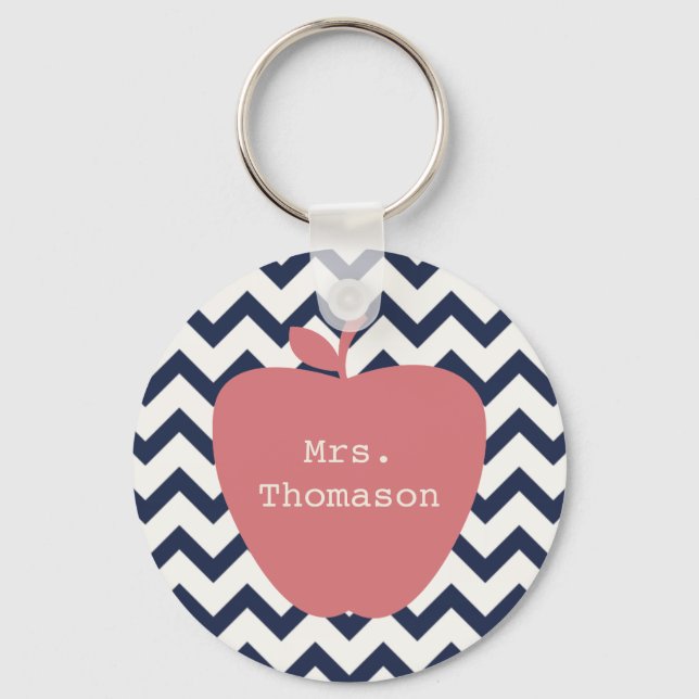 Coral Apple & Navy Chevron Teacher Keychain (Front)