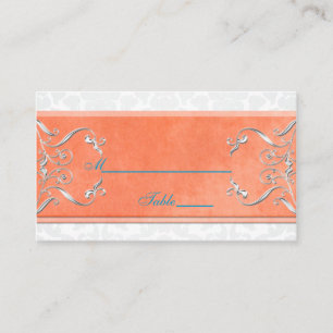 Coral, Aqua, and Grey Damask Placecards