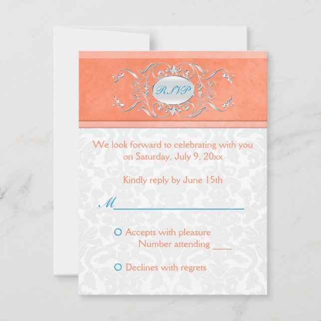 Coral, Aqua, and Grey Damask Reply Card (Front)