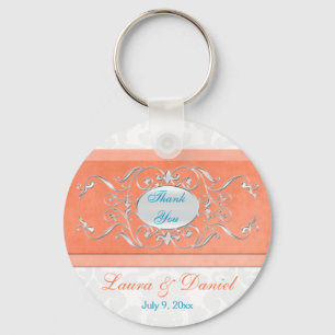 Coral, Aqua, and Grey Damask Wedding Favour Keychain