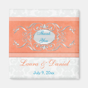 Coral, Aqua, and Grey Damask Wedding Favour Magnet
