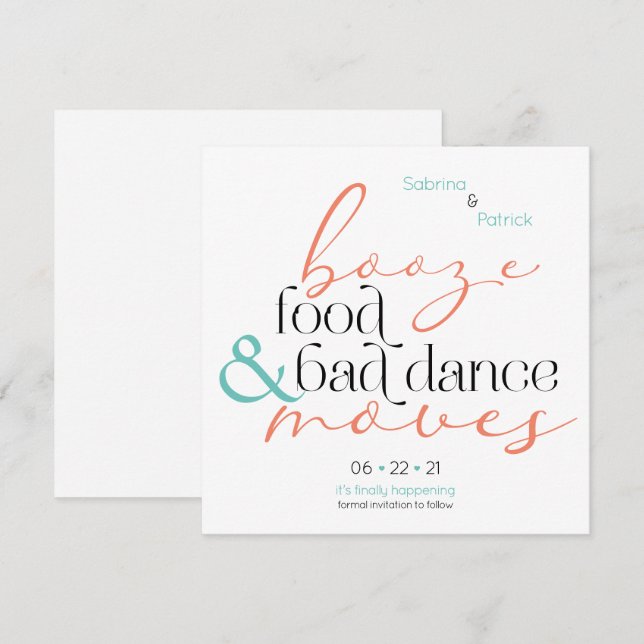 Coral Aqua Booze Food Bad Dance Moves Save theDate Invitation (Front/Back)
