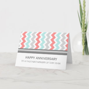 Coral Aqua Grey Chevron Employee Anniversary Card