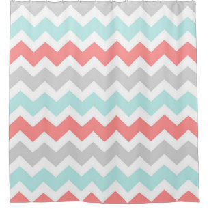 Coral Aqua Grey Chevron Stripes Shower Curtain