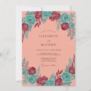 Coral Aqua Maroon Blossom Wedding Invitation