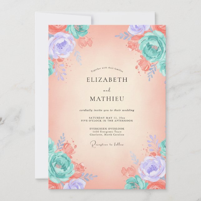 Coral Aqua Peony Wedding Invitation (Front)
