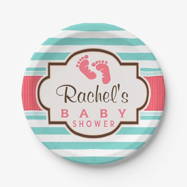Coral, Aqua, & White Stripes Baby Shower Paper Plate (Front)