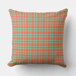 Coral Aquamarine Plaid Pattern Throw Pillow