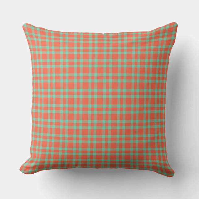 Coral Aquamarine Plaid Pattern Throw Pillow (Front)