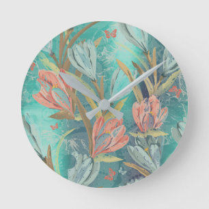 Coral Aquatic Teal Floral Coffe Blue Butterfly Round Clock