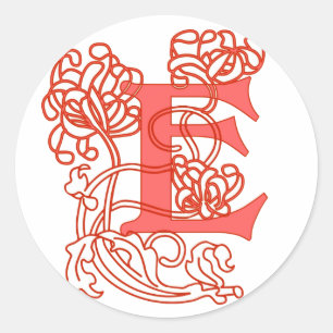 Coral Art Nouveau Floral Letter E Monogram Classic Round Sticker