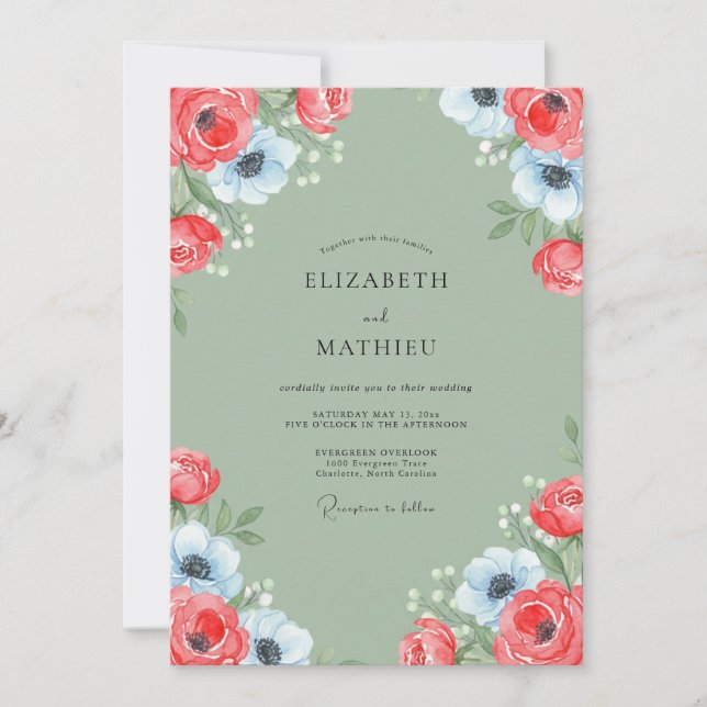 Coral Azure Sage Petal Wedding Invitation (Front)