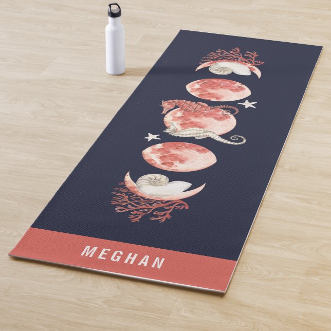 Coral Beach Celestial Moon Phase Navy Blue Yoga Mat (In Situ)